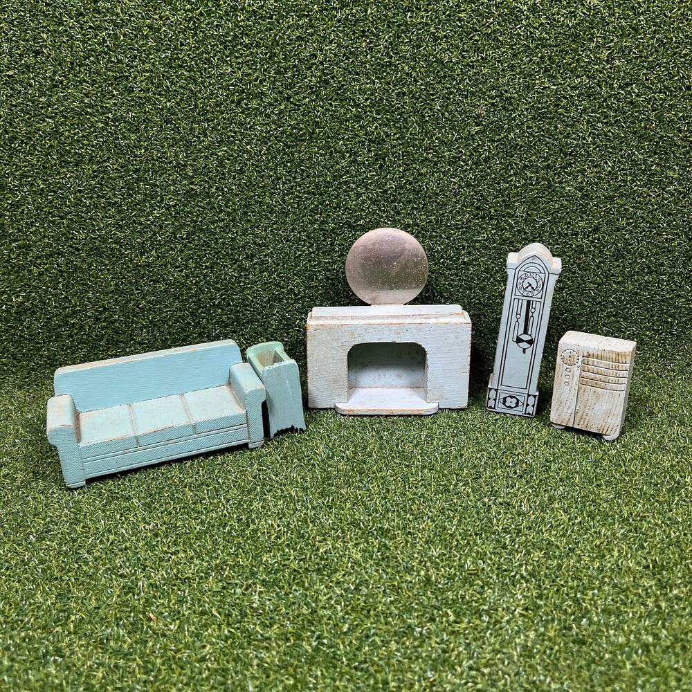Vintage Blue Wooden Fireplace Sofa Grandfather Clock Dollhouse Miniature